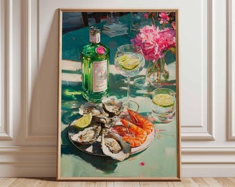 Seafood and Gin Still Life Art Print, Coastal Dining Poster