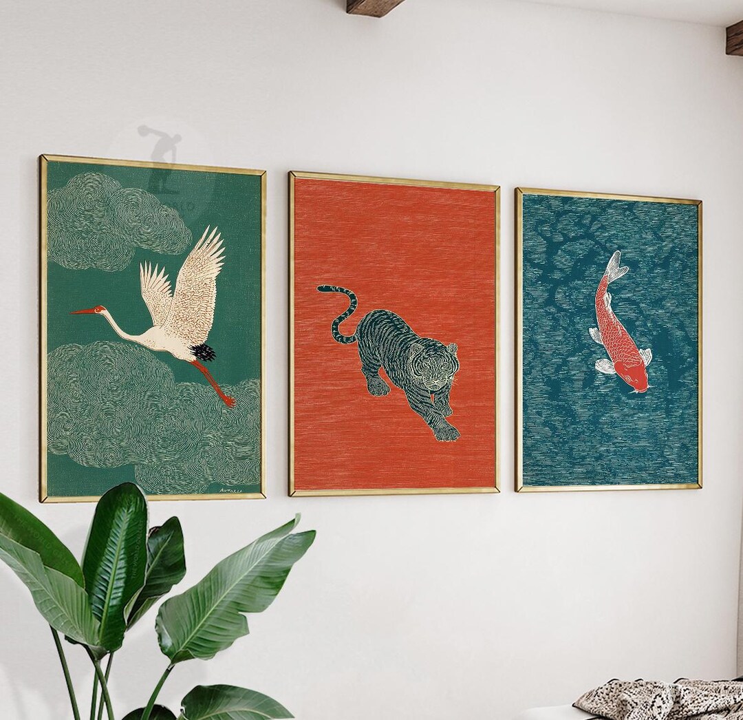 Japanese Animal Poster Set | Asian Wall Art Prints | Crane Tiger Koi ...