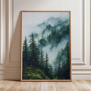 Misty Forest Poster, Nature Wall Art Print, Evergreen Mountain Landscape Painting, Tranquil Woodland Foggy Trees Home Decor