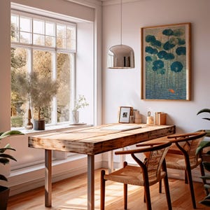 May include: A bright, airy home office with a large wooden desk and two woven chairs. A framed artwork depicting a pond scene hangs on the wall. A large window offers a view of the outdoors, and a silver pendant light hangs from the ceiling.