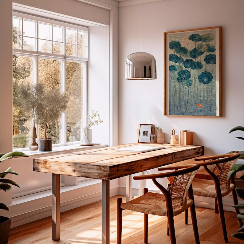 May include: A bright, airy home office with a large wooden desk and two woven chairs. A framed artwork depicting a pond scene hangs on the wall. A large window offers a view of the outdoors, and a silver pendant light hangs from the ceiling.