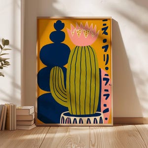 Mexikanisches Kaktus Poster mit japanischem Einfluss, Retro botanische Wandkunst Druck, buntes Wüstenpflanzendekor, moderne minimalistische Kaktuskunst