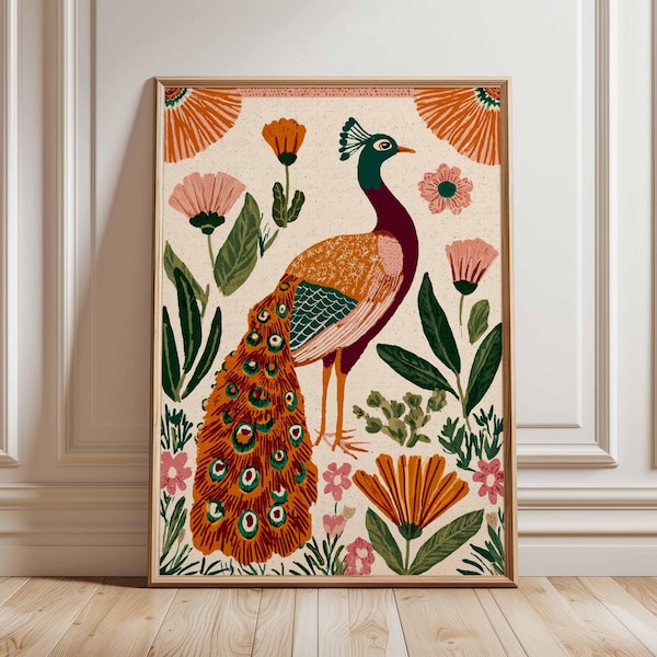 Peacock Art Print, Elegant Bird with Vibrant Feathers