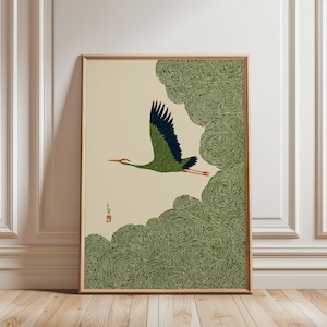 Japanischer Kranich in wirbelndem Wolkenhimmel, Poster im Holzschnitt-Stil