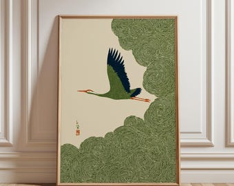 Japanese Crane in Swirling Cloud Skies, Woodblock-Style Poster