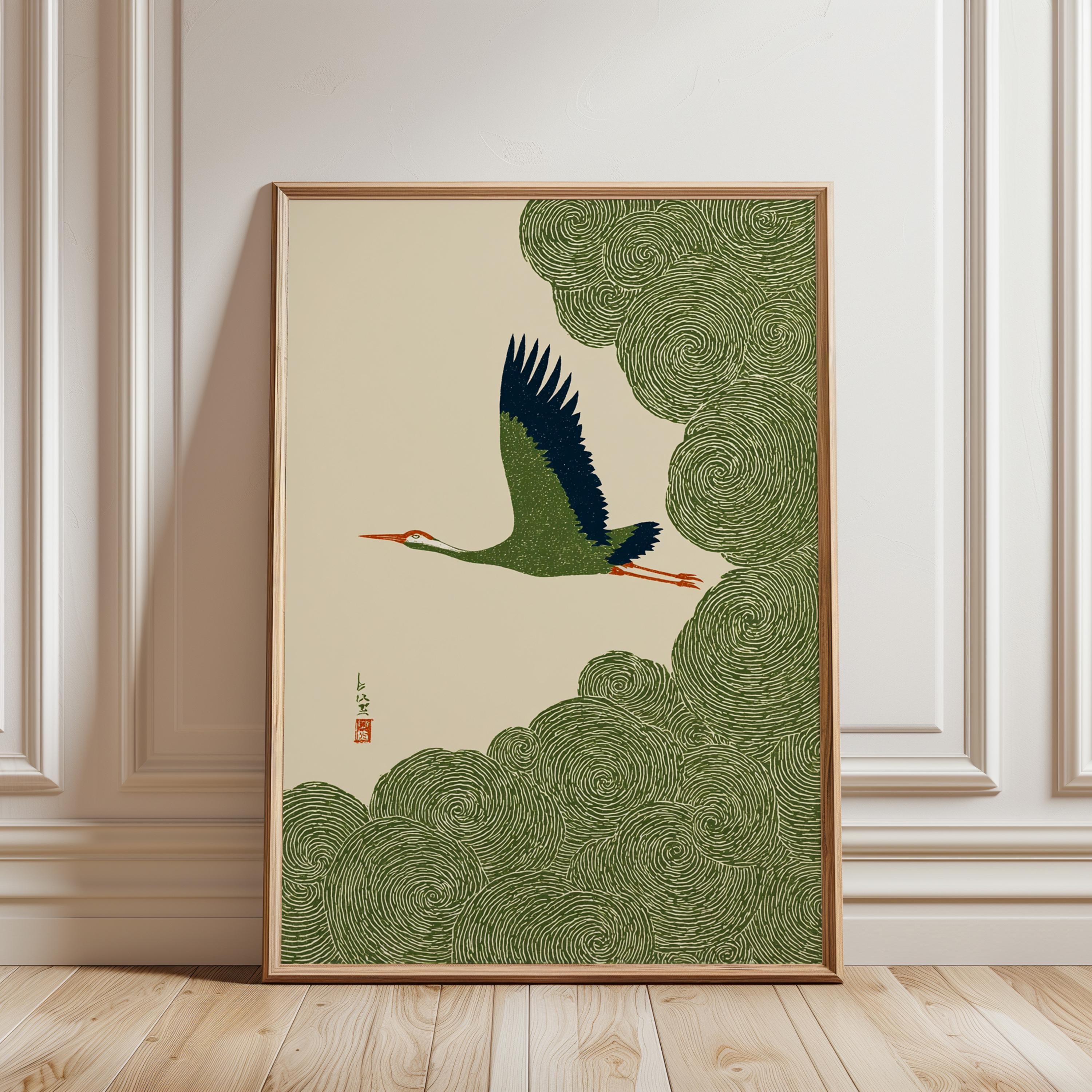 Japanese Crane in Swirling Cloud Skies, Woodblock-style Poster - Etsy