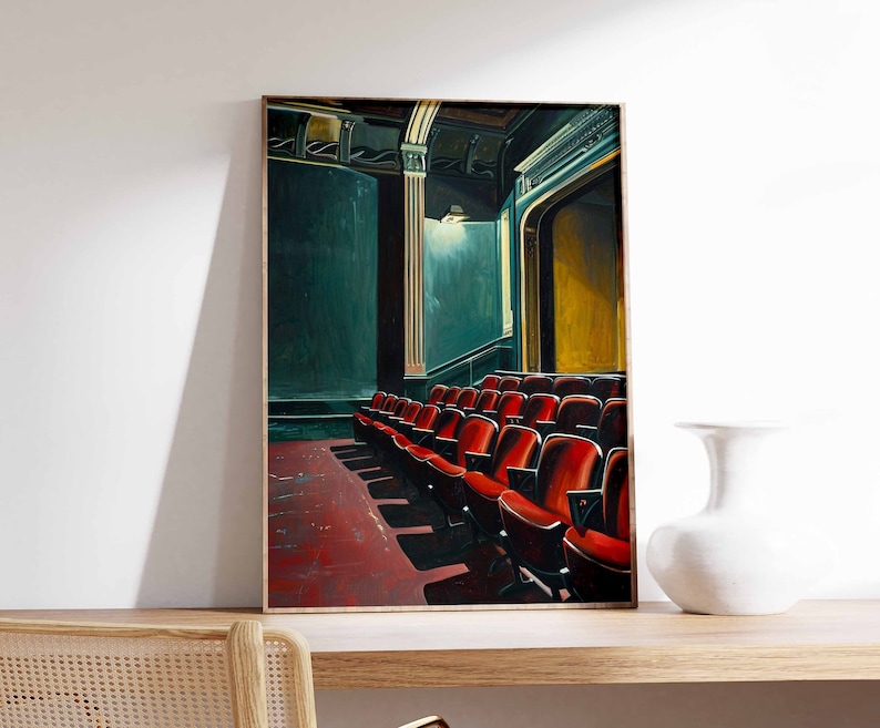 May include: A painting of a theater interior with rows of red seats. The seats are empty and the stage is dark. The walls are painted in shades of green and yellow.