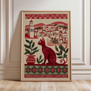 Playful Cat Poster, Colorful Kitchen Wall Art, Vintage Style Cat Print, French Home Decor, Cute Cat Illustration for Cat Lovers