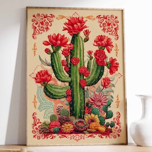 Vintage Mexikanische Kaktus Poster, Bunte mexikanische Kunstdrucke, Mexikanische Dekoration, Traditionelle Mexikanische Kunst, Blumendekor, Latein Druck, Mexikanisches Geschenk