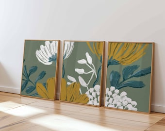 Botanical Wall Art Prints, Teal and Mustard Floral Set of 3