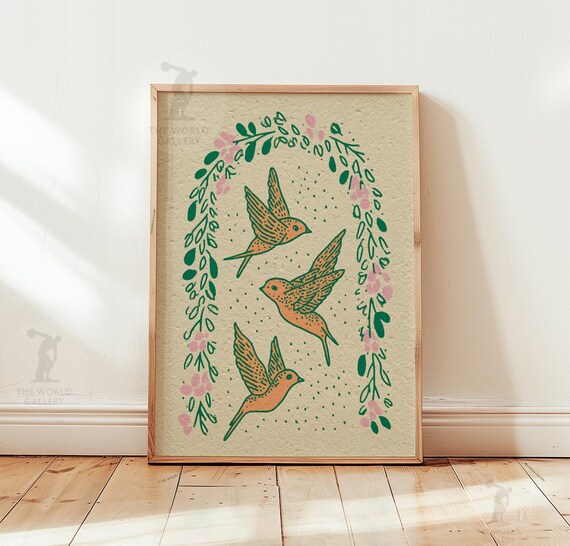 飛んでいるツバメの鳥のポスター | 植物画の鳥のイラスト