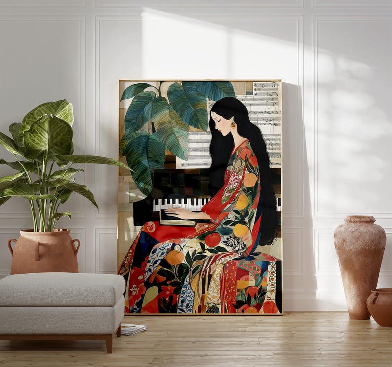 May include: A framed art print shows a woman playing a piano, dressed in a vibrant patterned gown with fruit and foliage motifs. The background features sheet music and large green leaves. The artwork is in a room with a plant and a neutral-toned ottoman.