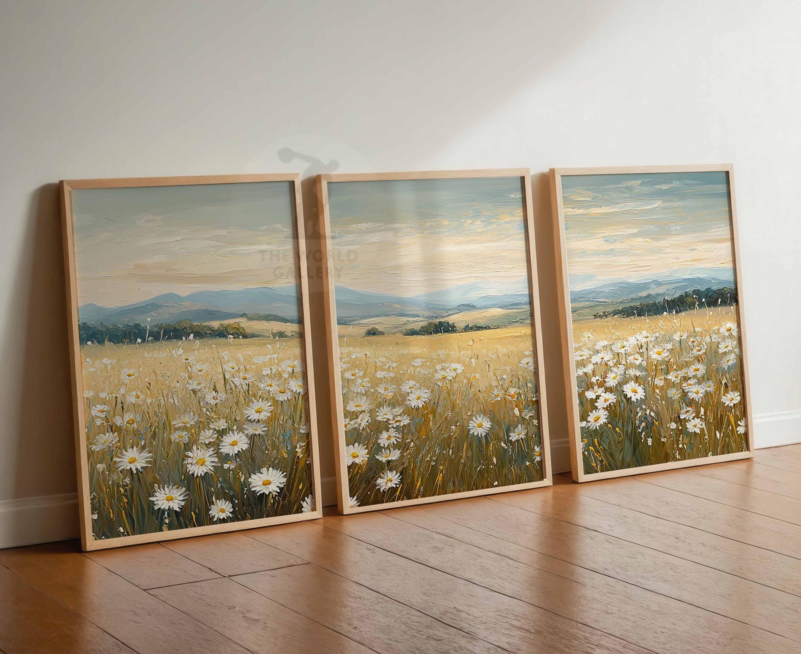 Daisy Field Prints Set, Neutral Wildflower Landscape, Rustic