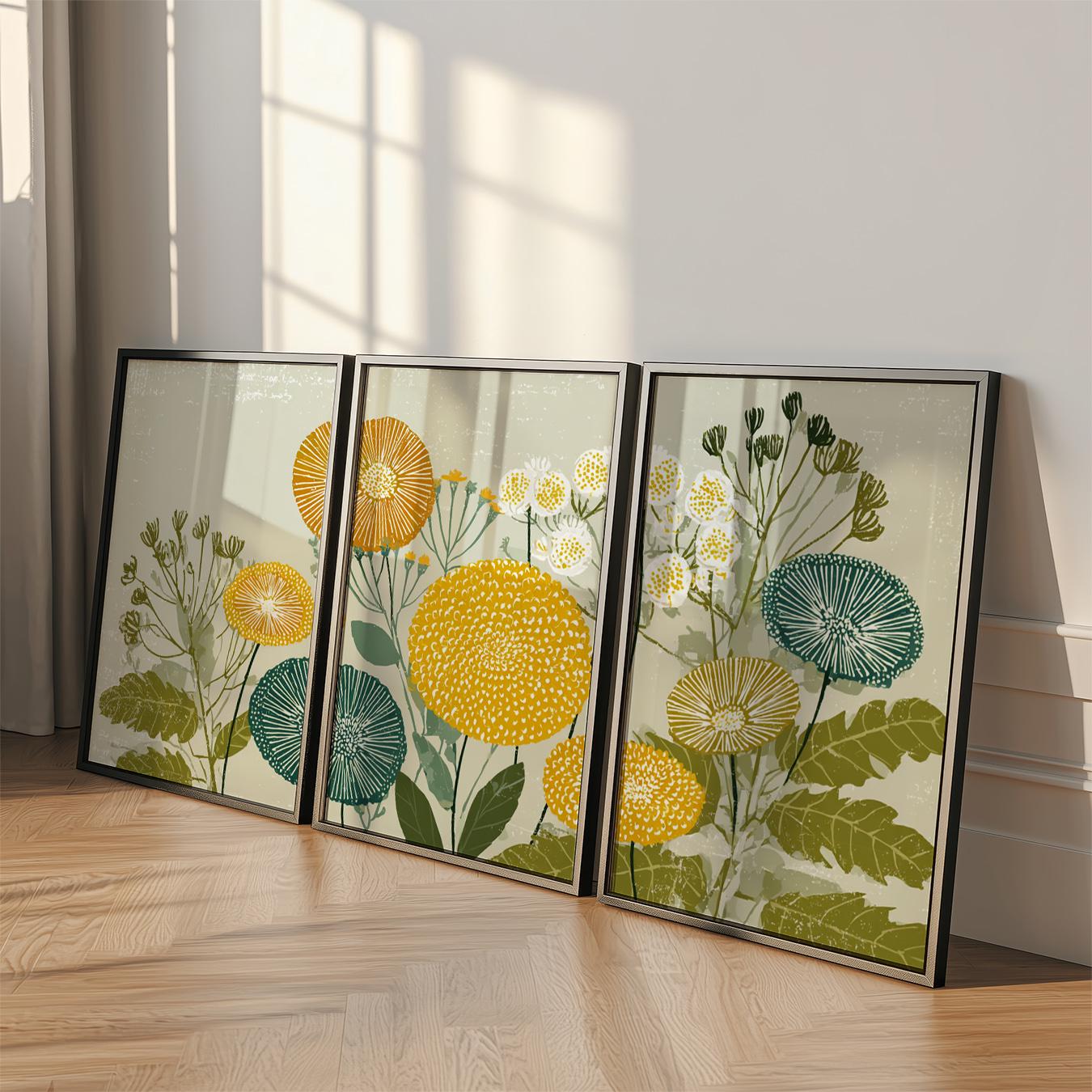 Vintage Botanical Flower Poster Set | Retro Floral Triptych Wall Art ...