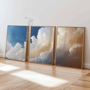 Juego de 3 impresiones de arte de pared con nubes para dormitorio, pósteres de nubes blancas y cielo beige, decoración vintage para el hogar, juego de 3 pósteres grandes, decoración de dormitorio