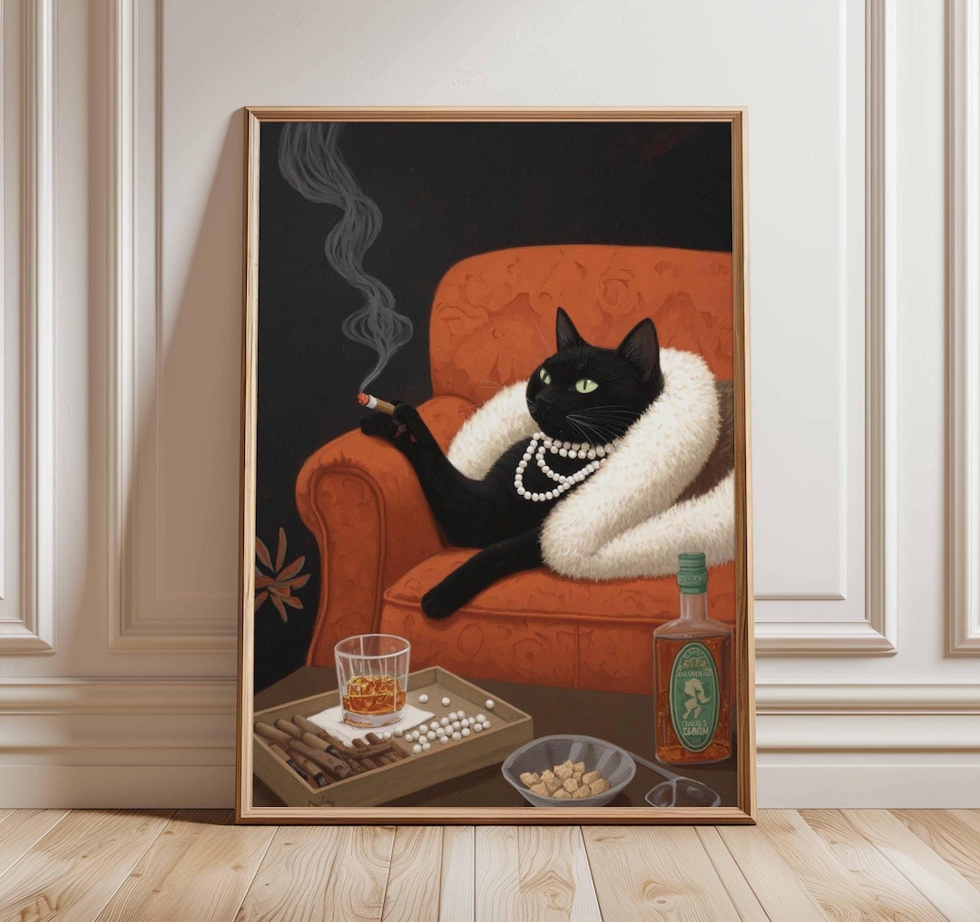 Cat Wall Art Print, Whimsical Black Cat Poster, Retro Cocktail Lounge ...