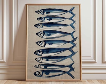 Coastal Sardine Print, Nautical Blue Fish, Vintage Marine Artwork