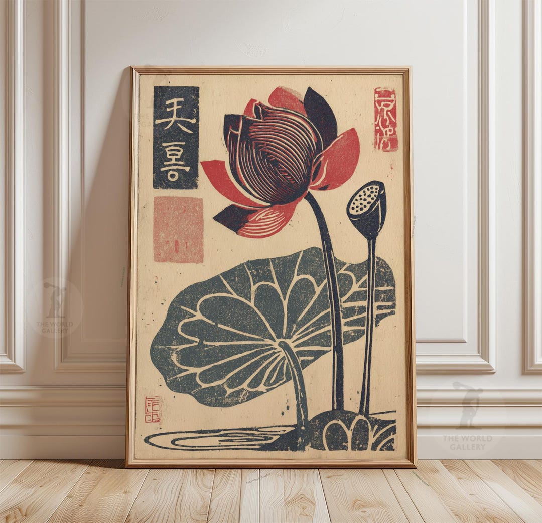 Lotus Flower Poster | Japanese Botanical Print | Vintage Style Wall Art ...