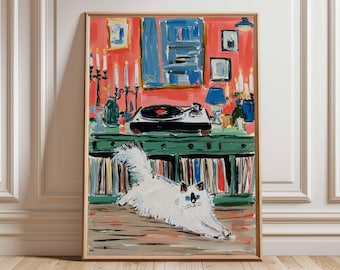 Retro Katze und Plattenspieler Kunstdruck, gemütliches Wohndekor