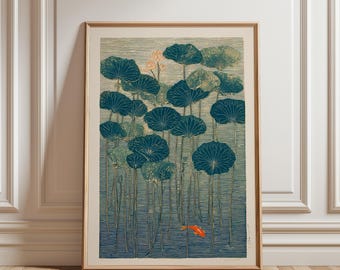 May include: Framed art print featuring a serene pond scene with large, teal lily pads and long stems. A small orange fish swims in the water. The artwork has a vintage, woodblock print style with a light blue and beige color palette.