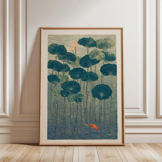 Lotus And Koi Poster, Japanese Botanical Art On Blue Water Texture