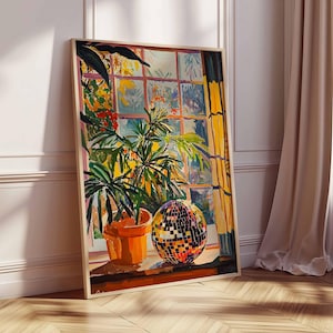 May include: A painting of a window with a potted plant and a disco ball. The window is framed in wood and has a yellow curtain. The plant is green and has a brown pot. The disco ball is silver and has a mirrored surface.