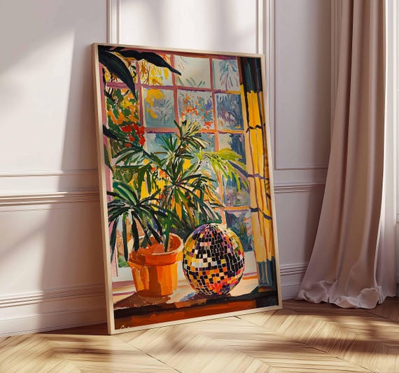 Botanical Disco Ball Art Print, 1970s Retro Tropical Decor