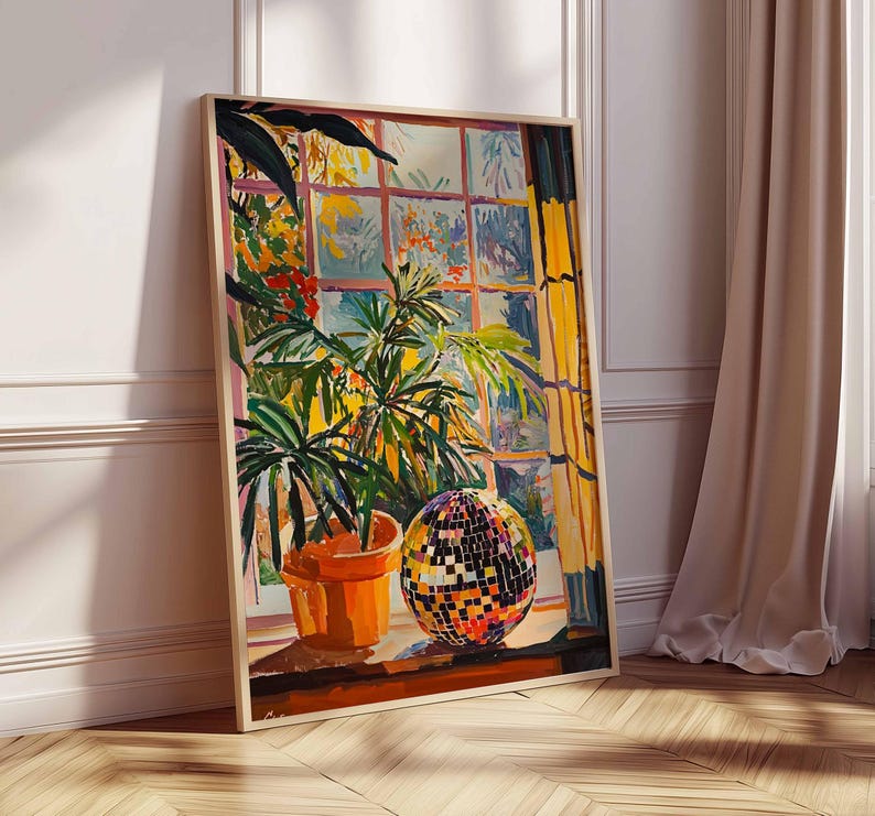 May include: A painting of a window with a potted plant and a disco ball. The window is framed in wood and has a yellow curtain. The plant is green and has a brown pot. The disco ball is silver and has a mirrored surface.