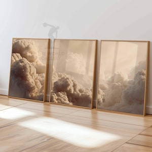 Beige Clouds Bedroom Wall Art Set of 3 Prints, White Clouds Beige Sky Posters, Vintage Home Decor, Set of 3 Large Poster Art, Bedroom Decor