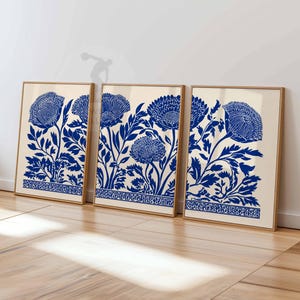 Blue Floral Wall Art Set, Botanical Print Set of 3, Modern Minimalist Flower Poster, Navy Blue Botanical Decor, Scandinavian Wall Art