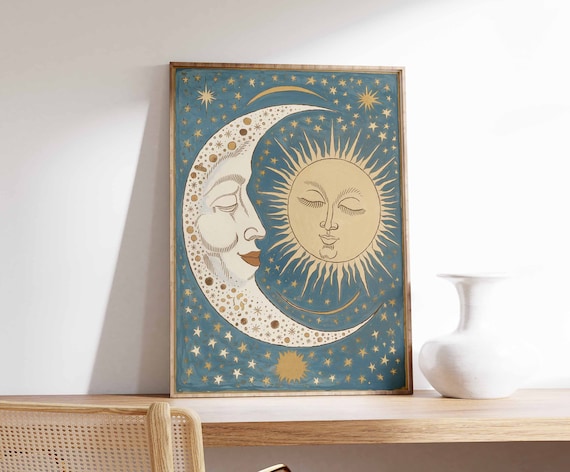 Sun and Moon Poster, Celestial Poster, Spiritual Decor, Vintage Poster, Retro Print, 70's Poster, Boho Poster, Mystical Art, Meditation Art