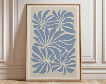 Blue Abstract Floral Wall Art Print, Modern Minimalist Botanical Poster
