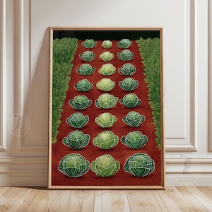 Pode incluir: Uma impressão artística emoldurada com uma ilustração estilizada de couves num jardim. As couves estão dispostas em filas sobre um fundo vermelho, ladeadas por sebes verdes. A impressão está numa moldura de madeira.