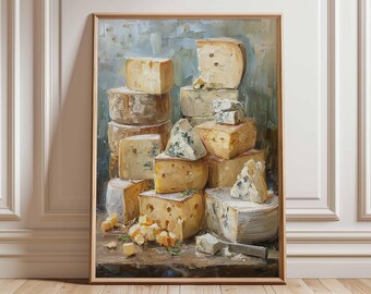peinture à l'huile nature morte au fromage | Décoration de cuisine de ferme rustique