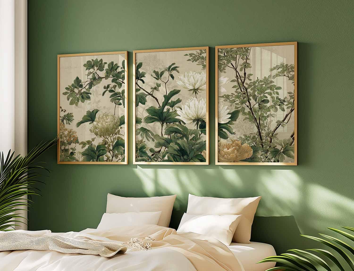 Vintage Botanical Wall Art Prints Set of 3, Green and Beige Floral ...