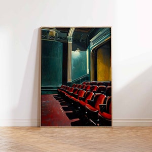 May include: A painting of a theater interior with rows of red seats in a dark room. The seats are empty and the stage is dark.