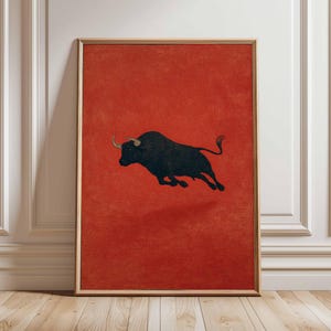 affiche de taureau vintage, impression d'art mural animal minimaliste, oeuvre d'art espagnole du milieu du siècle, décoration rouge moderne, impression maison abstraite rétro