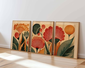 Retro Floral Wall Art Set of 3, Mid Century Modern Botanical Prints, Warm Earth Tone Flower Art for Living Room or Bedroom Decor