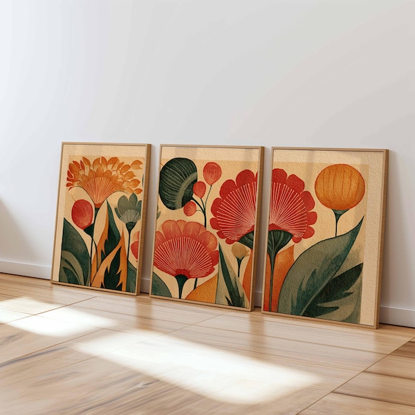 Retro Floral Wall Art Set of 3, Mid Century Modern Botanical Prints, Warm Earth Tone Flower Art for Living Room or Bedroom Decor
