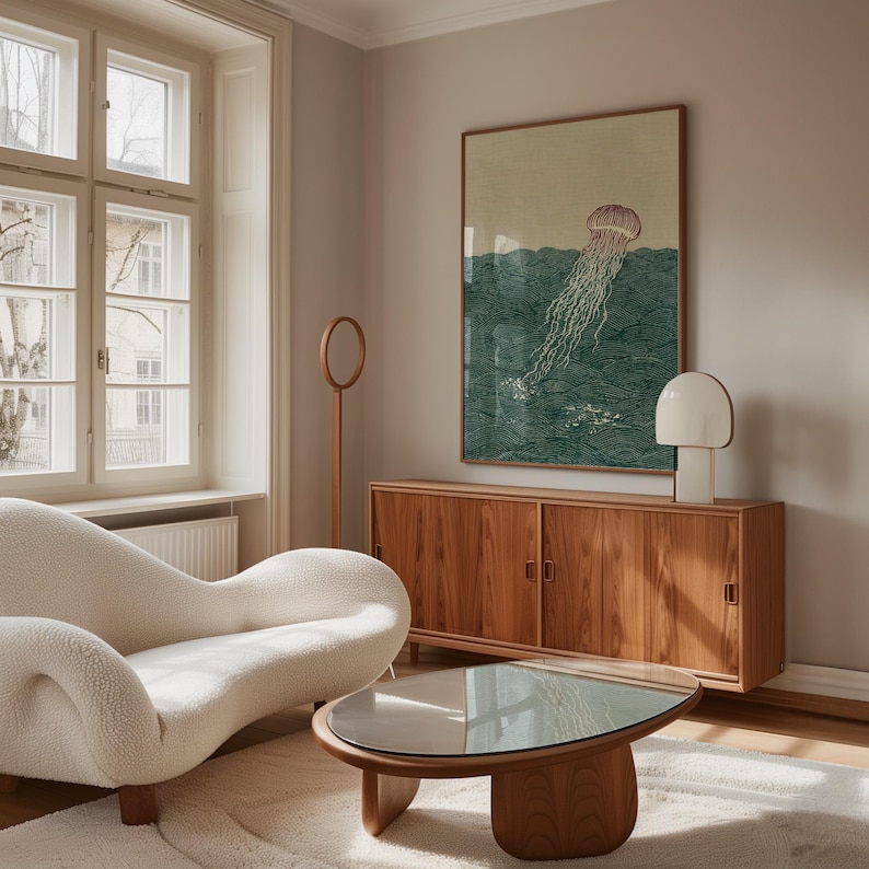 May include: A living room scene featuring a white, curved sofa, a wooden coffee table with a glass top, and a wooden cabinet. A large framed artwork depicts a jellyfish in the ocean. A white lamp and a wooden floor lamp are also present.