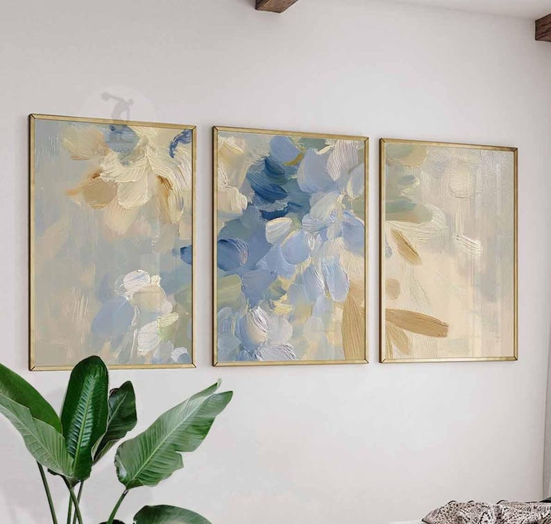 Set of 3 Abstract Wall Art Prints, Neutral Blue and Beige Posters ...
