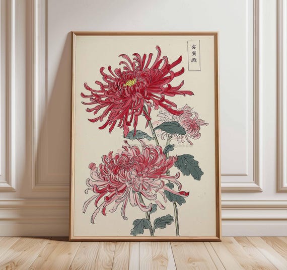 Japanese Chrysanthemum Wall Art, Vintage Floral Print, Asian