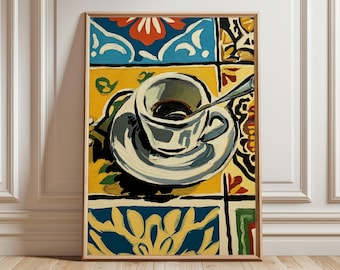 Impression d'art tasse à expresso, carrelage méditerranéen, déco cuisine café