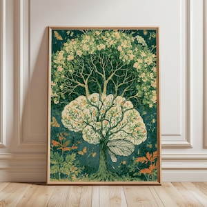Op de afbeelding: Een rechthoekige wandkunstprint met een donkerblauwe achtergrond en een centrale boom waarvan de kruin de vorm heeft van een menselijk brein. De boom is versierd met kleine lichtgele bloemen, groene bladeren en oranje vlinders, in een houten lijst.