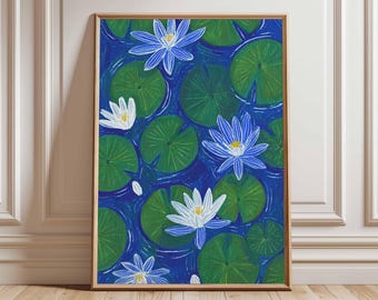 Water Lily Wall Art, Lotus Pond Poster, Botanical Nature Print, Blue and Green Flower Artwork, Modern Floral Home Decor