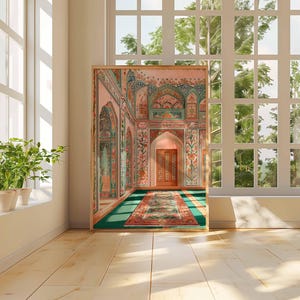 May include: A framed artwork depicting an ornate interior scene with archways, floral patterns, and a patterned rug. The artwork is set against a backdrop of a window with natural light and greenery, and a wooden floor.