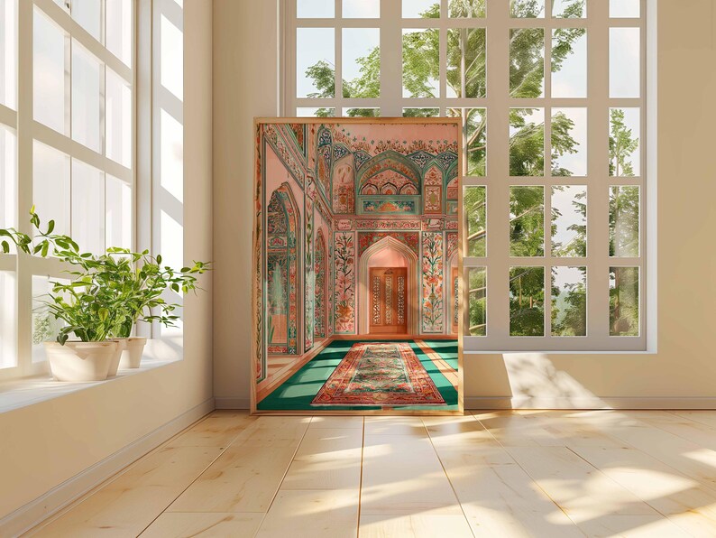 May include: A framed artwork depicting an ornate interior scene with archways, floral patterns, and a patterned rug. The artwork is set against a backdrop of a window with natural light and greenery, and a wooden floor.
