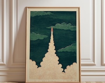 Raketuppskjutningsaffisch, vintage rymdillustration i blågrönt och persika
