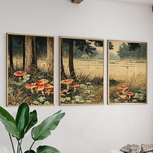 May include: Three framed art prints depicting a forest scene with red-capped mushrooms. The artwork has a vintage aesthetic, with tall trees, grassy areas, and a soft, natural colour palette. The frames are gold-toned.