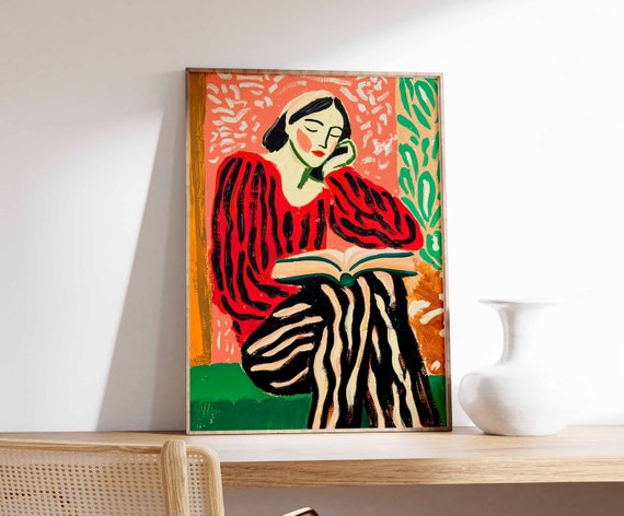 Woman Reading Book Art Print, 70s Retro Poster